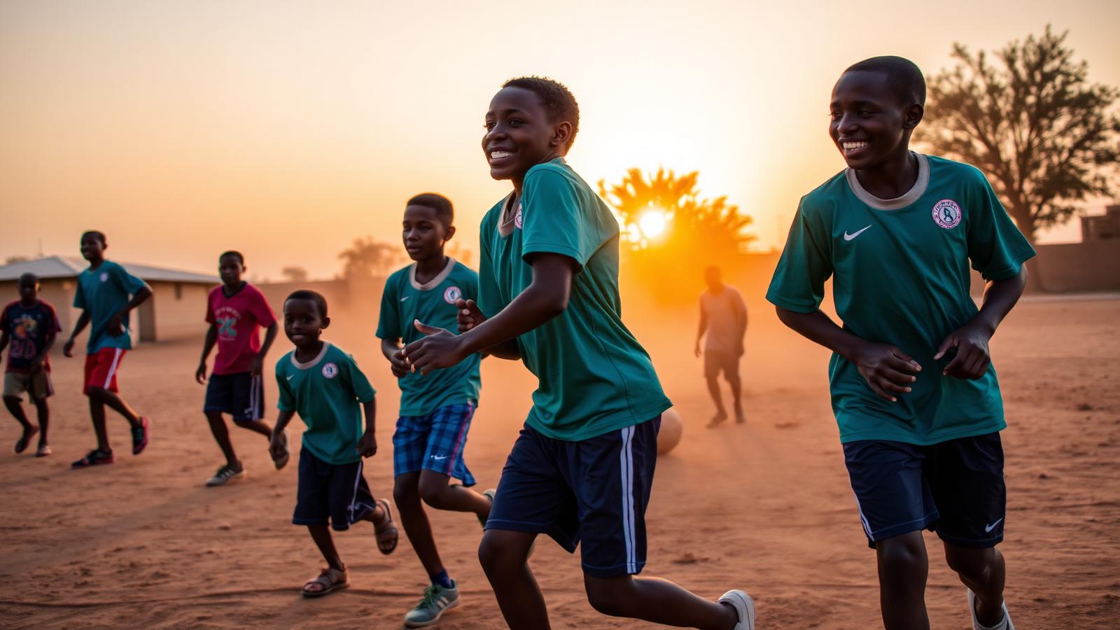 Jeunes sportifs tchadiens courant sur un terrain de terre au coucher du soleil