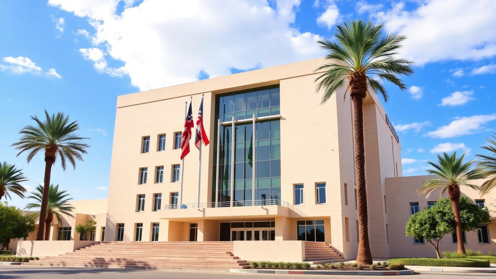 Bâtiment institutionnel contemporain à N'Djamena sous un ciel dégagé