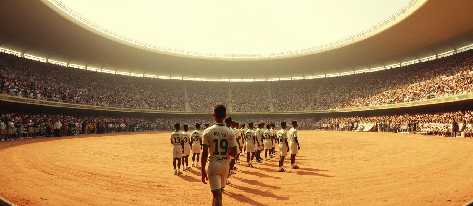 Cérémonie sportive dans un stade national africain, athlètes alignés sur la piste