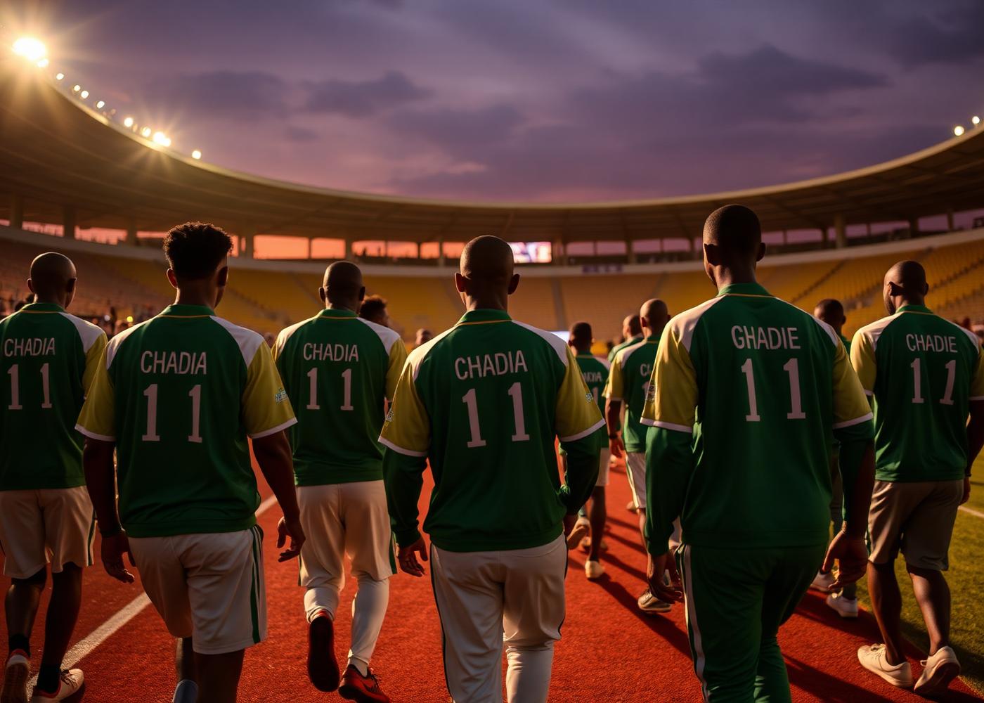 Délégation d'athlètes tchadiens entrant dans un stade au crépuscule